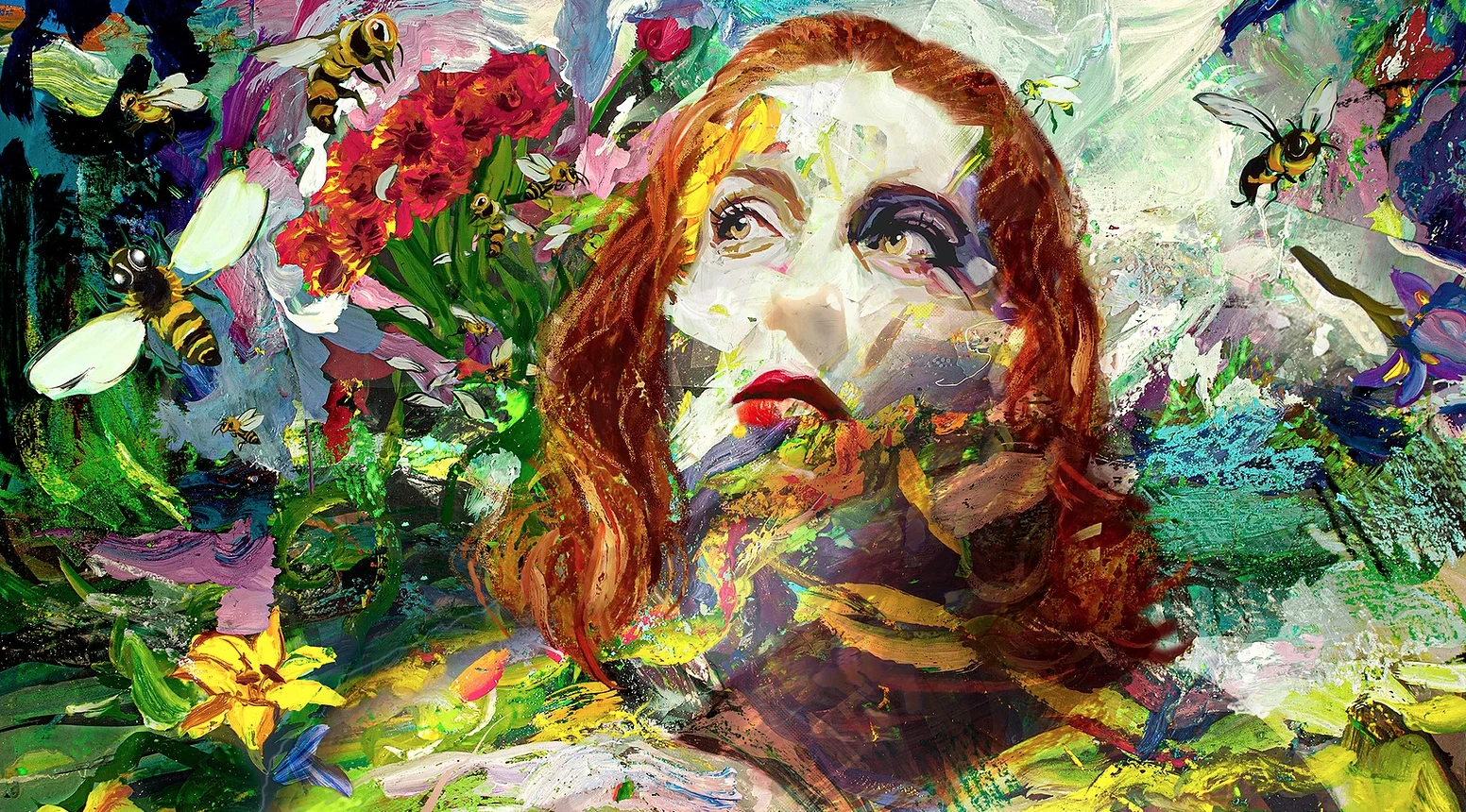 Portrait surrounded by flowers and bees, by Natalie Frank